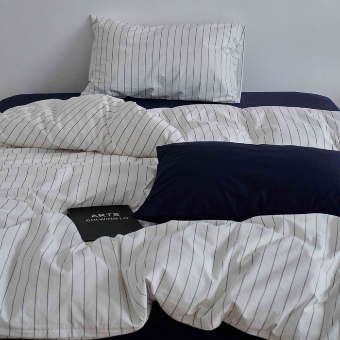 91家纺网 家纺一手货源 找家纺 云上 2025新款32s全棉纯棉色织水洗棉韩式白色条纹四件套 岩霜