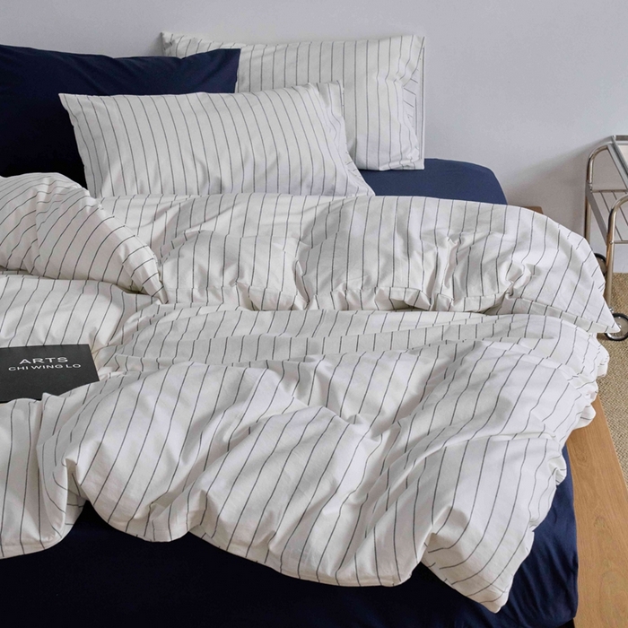 91家纺网 家纺一手货源 找家纺 云上 2025新款32s全棉纯棉色织水洗棉韩式白色条纹四件套 岩霜