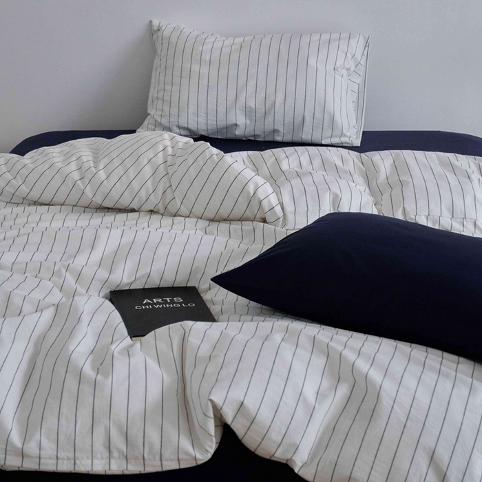 91家纺网 家纺一手货源 找家纺 云上 2025新款32s全棉纯棉色织水洗棉韩式白色条纹四件套 岩霜