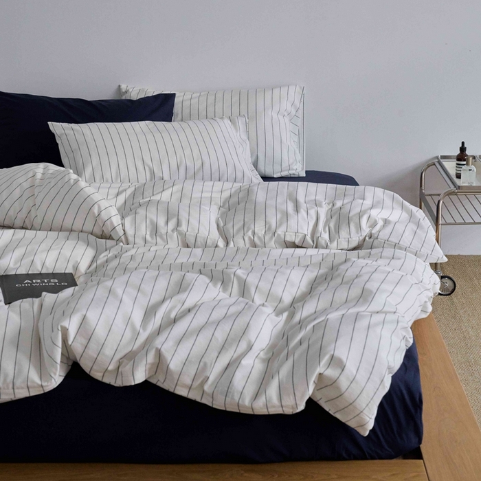 91家纺网 家纺一手货源 找家纺 云上 2025新款32s全棉纯棉色织水洗棉韩式白色条纹四件套 岩霜