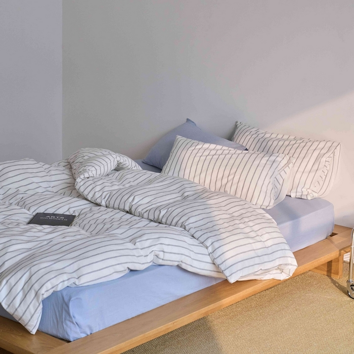 91家纺网 家纺一手货源 找家纺 云上 2025新款32s全棉纯棉色织水洗棉韩式白色条纹四件套 半夏