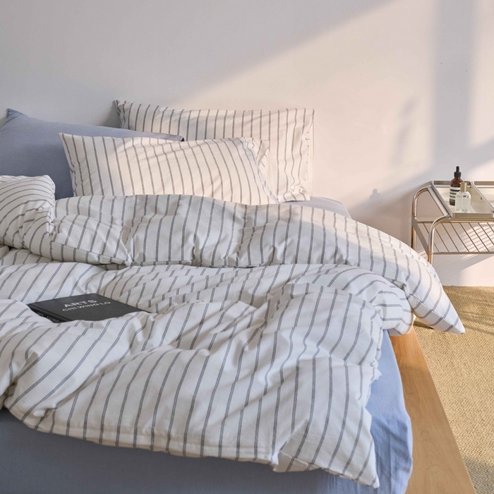 云上 2025新款32s全棉纯棉色织水洗棉韩式白色条纹四件套 半夏