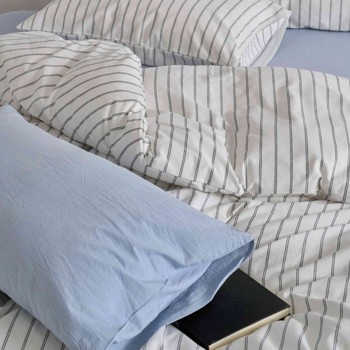 91家纺网 家纺一手货源 找家纺 云上 2025新款32s全棉纯棉色织水洗棉韩式白色条纹四件套 半夏