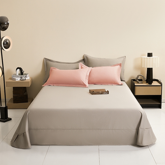 名优家纺 2026新款60S13374高支密全棉印花纯色单床单 樱花粉+浅灰