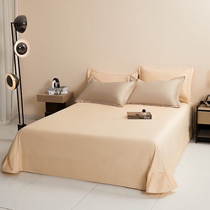 91家纺网 家纺一手货源 找家纺 名优家纺 2026新款60S13374高支密全棉印花纯色单床单 可可棕+奶黄