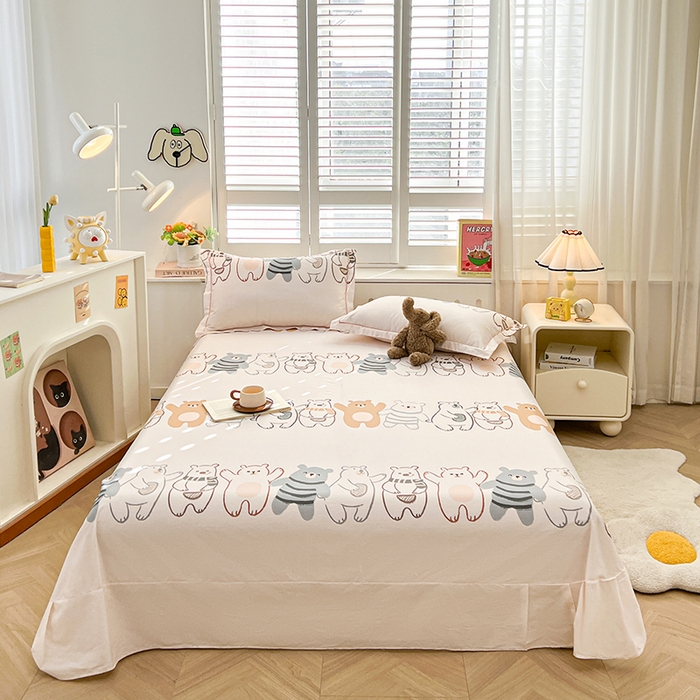 名优家纺 2026新款60S13374高支密全棉印花纯色单床单 熊派对-米