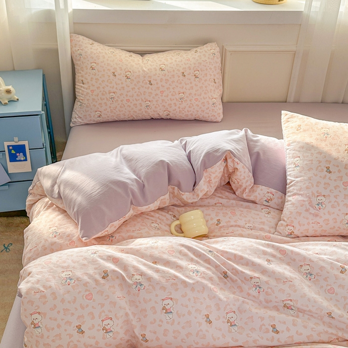 91家纺网 家纺一手货源 找家纺 麦乐迪 2026新款10A抗菌古法水洗仿棉云感纱四件套 桃桃小熊