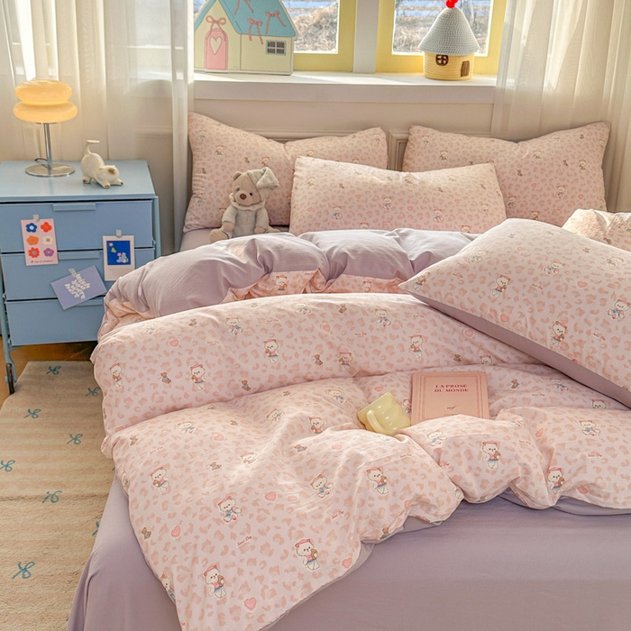 91家纺网 家纺一手货源 找家纺 麦乐迪 2026新款10A抗菌古法水洗仿棉云感纱四件套 桃桃小熊