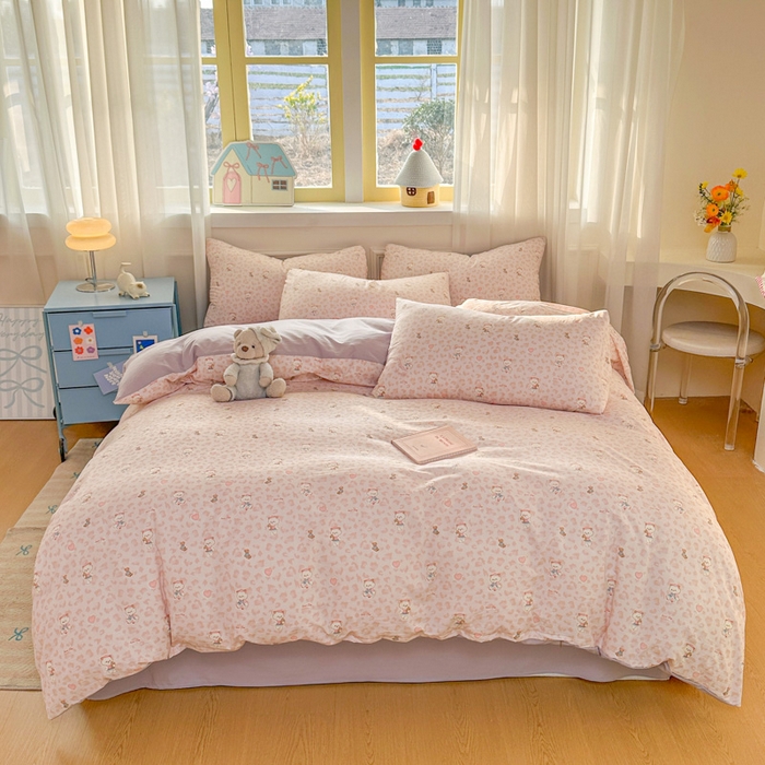 91家纺网 家纺一手货源 找家纺 麦乐迪 2026新款10A抗菌古法水洗仿棉云感纱四件套 桃桃小熊