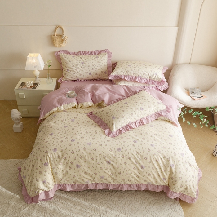 91家纺网 家纺一手货源 找家纺 （总）忆生活家纺 2024新款韩版全棉花边四件套直播爆款