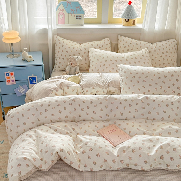 91家纺网 家纺一手货源 找家纺 麦乐迪 2026新款10A抗菌古法水洗仿棉云感纱四件套 奶黄碎花