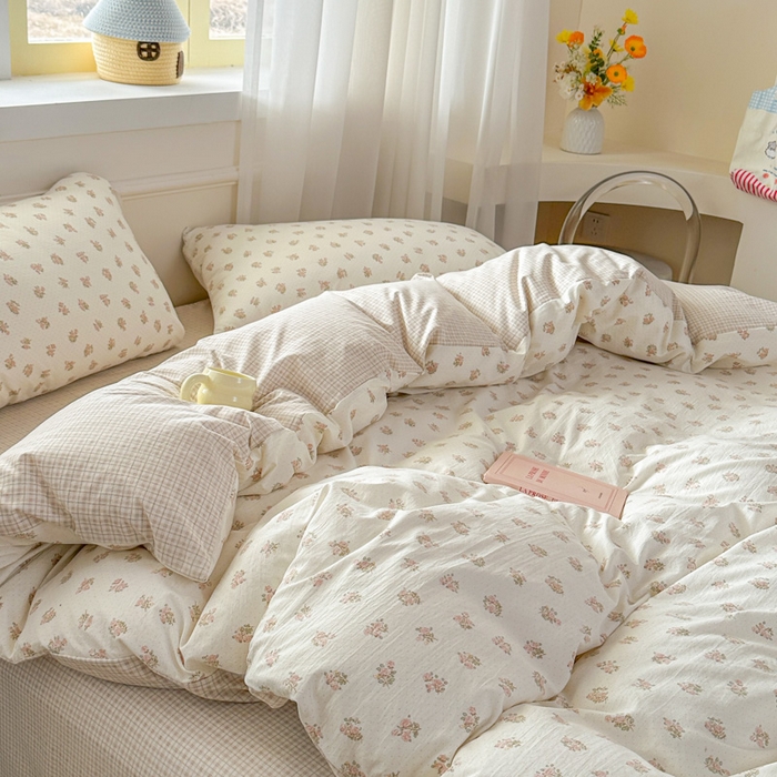 91家纺网 家纺一手货源 找家纺 麦乐迪 2026新款10A抗菌古法水洗仿棉云感纱四件套 奶黄碎花