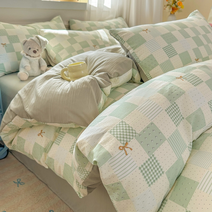 91家纺网 家纺一手货源 找家纺 麦乐迪 2025新款棉感睡眠水洗云感棉四件套 绿格蝴蝶结