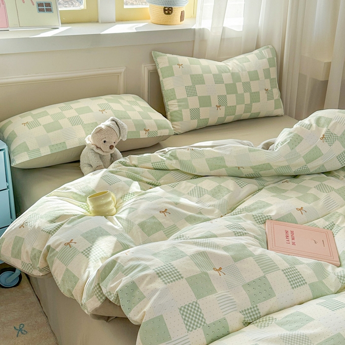 91家纺网 家纺一手货源 找家纺 麦乐迪 2025新款棉感睡眠水洗云感棉四件套 绿格蝴蝶结