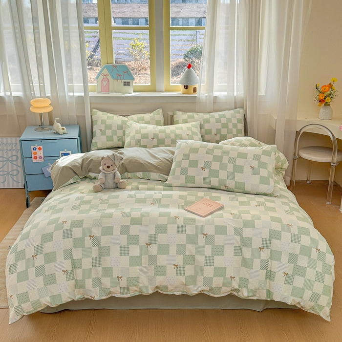 91家纺网 家纺一手货源 找家纺 麦乐迪 2025新款棉感睡眠水洗云感棉四件套 绿格蝴蝶结