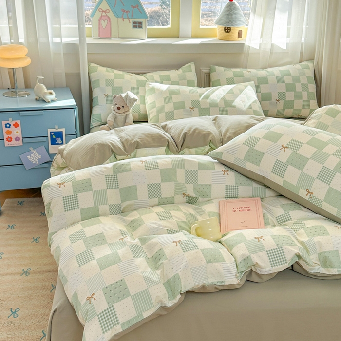 91家纺网 家纺一手货源 找家纺 麦乐迪 2025新款棉感睡眠水洗云感棉四件套 绿格蝴蝶结