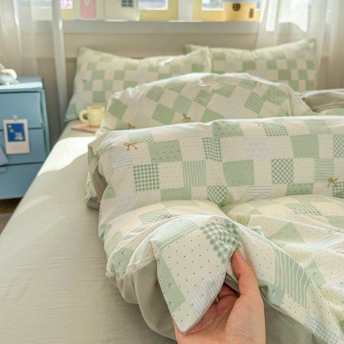 91家纺网 家纺一手货源 找家纺 麦乐迪 2025新款棉感睡眠水洗云感棉四件套 绿格蝴蝶结