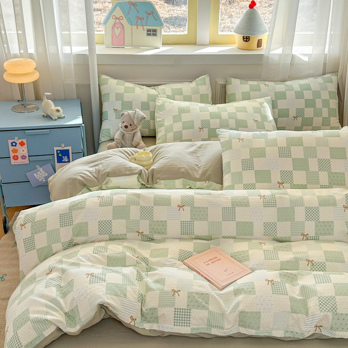 91家纺网 家纺一手货源 找家纺 麦乐迪 2025新款棉感睡眠水洗云感棉四件套 绿格蝴蝶结