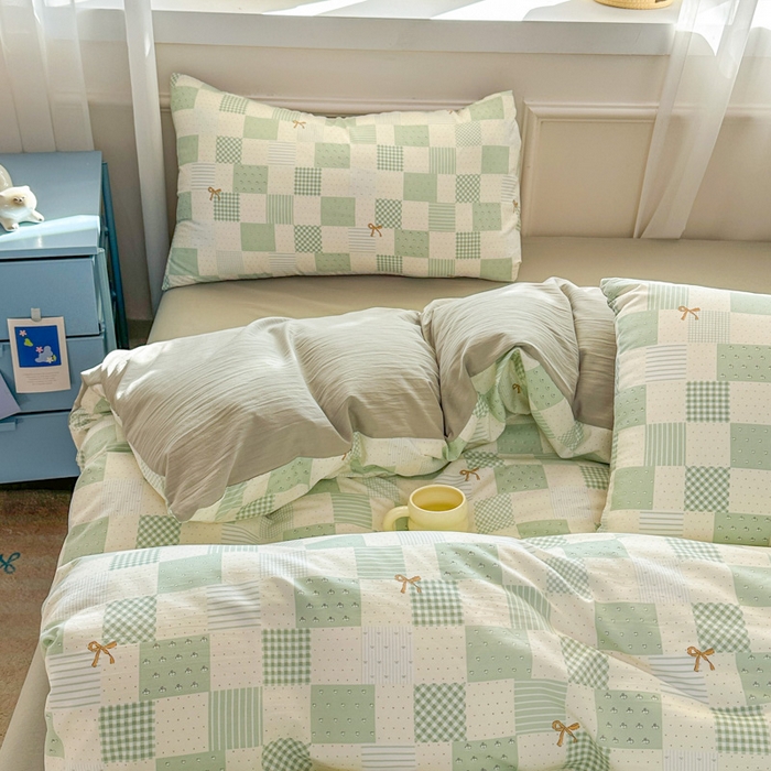 91家纺网 家纺一手货源 找家纺 麦乐迪 2025新款棉感睡眠水洗云感棉四件套 绿格蝴蝶结