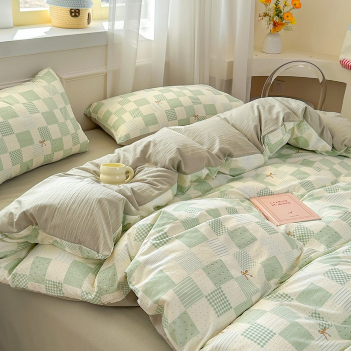 91家纺网 家纺一手货源 找家纺 麦乐迪 2025新款棉感睡眠水洗云感棉四件套 绿格蝴蝶结