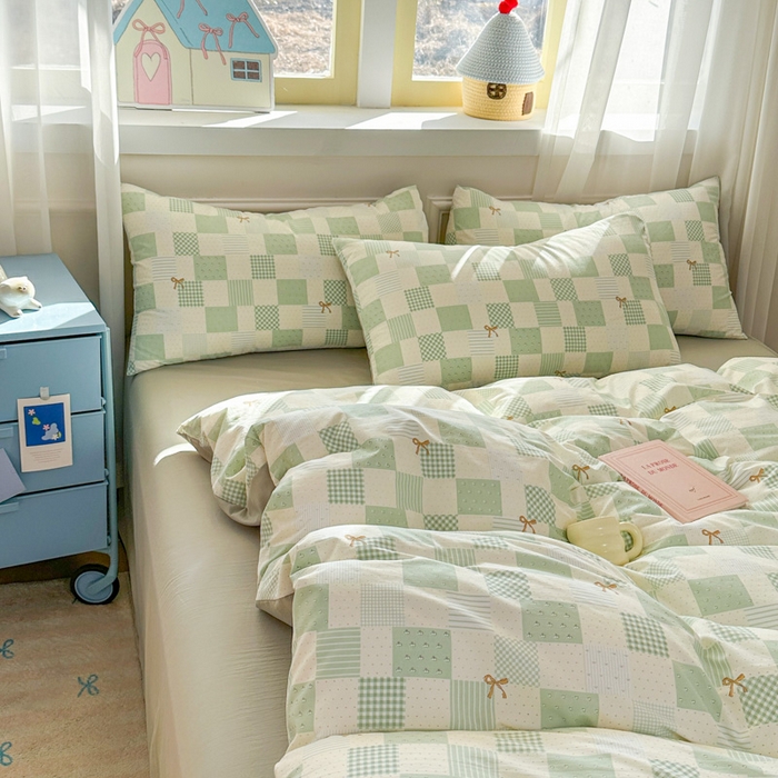 91家纺网 家纺一手货源 找家纺 麦乐迪 2025新款棉感睡眠水洗云感棉四件套 绿格蝴蝶结