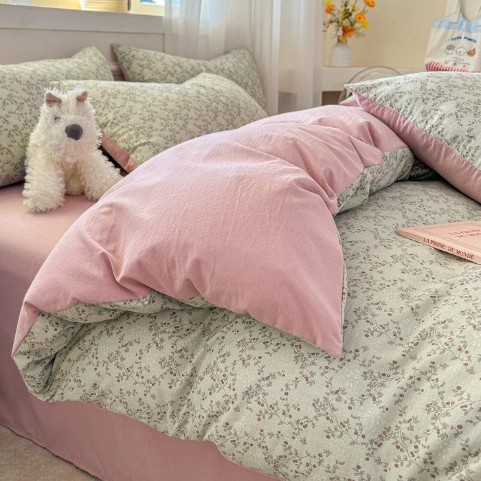 91家纺网 家纺一手货源 找家纺 麦乐迪 2025新款棉感睡眠水洗云感棉四件套 绿粉花簇