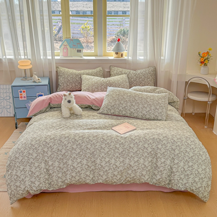 91家纺网 家纺一手货源 找家纺 麦乐迪 2025新款棉感睡眠水洗云感棉四件套 绿粉花簇