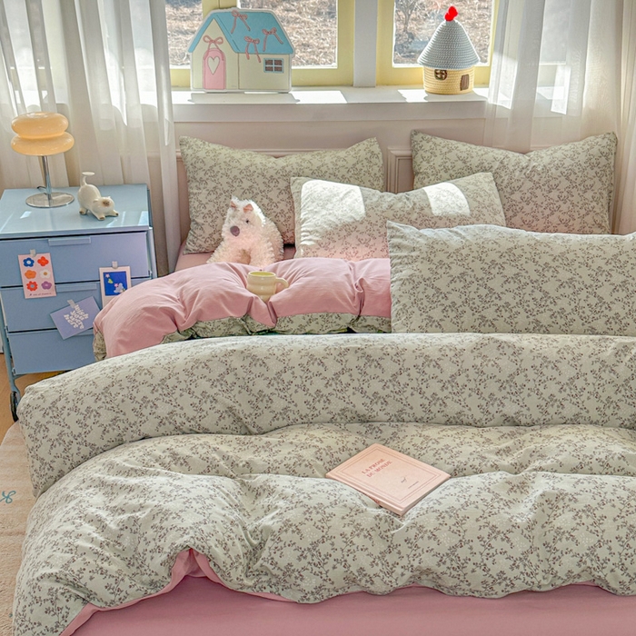 91家纺网 家纺一手货源 找家纺 麦乐迪 2025新款棉感睡眠水洗云感棉四件套 绿粉花簇