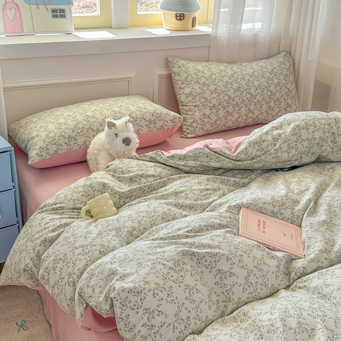 91家纺网 家纺一手货源 找家纺 麦乐迪 2025新款棉感睡眠水洗云感棉四件套 绿粉花簇