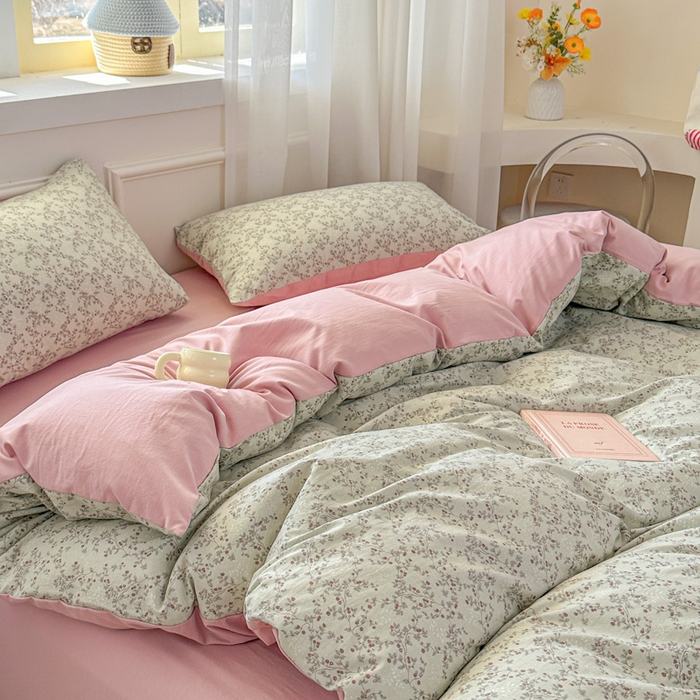 91家纺网 家纺一手货源 找家纺 麦乐迪 2025新款棉感睡眠水洗云感棉四件套 绿粉花簇