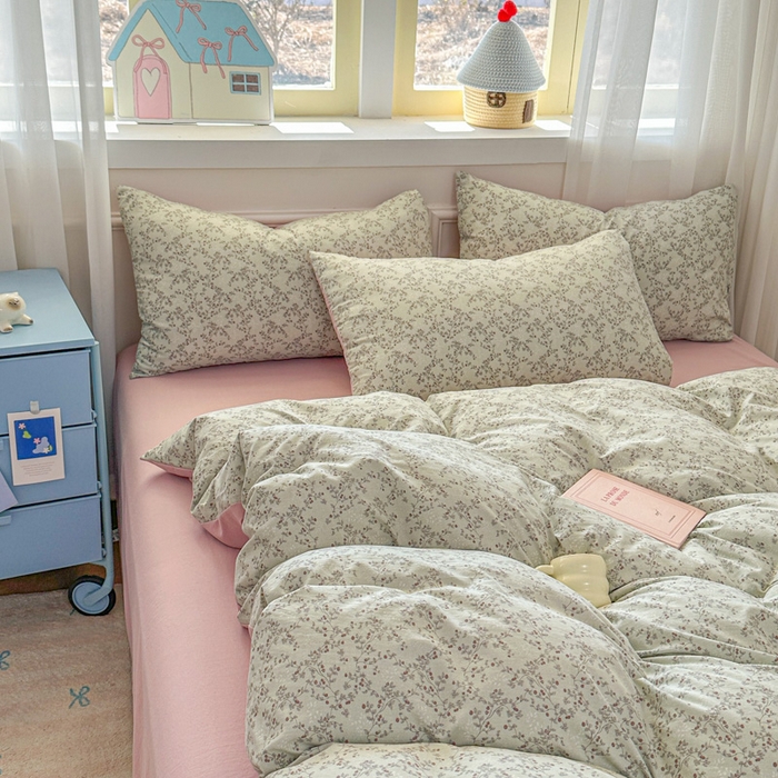 91家纺网 家纺一手货源 找家纺 麦乐迪 2025新款棉感睡眠水洗云感棉四件套 绿粉花簇