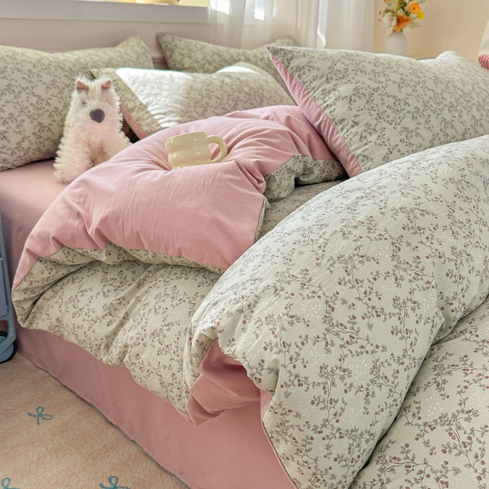 91家纺网 家纺一手货源 找家纺 麦乐迪 2025新款棉感睡眠水洗云感棉四件套 绿粉花簇