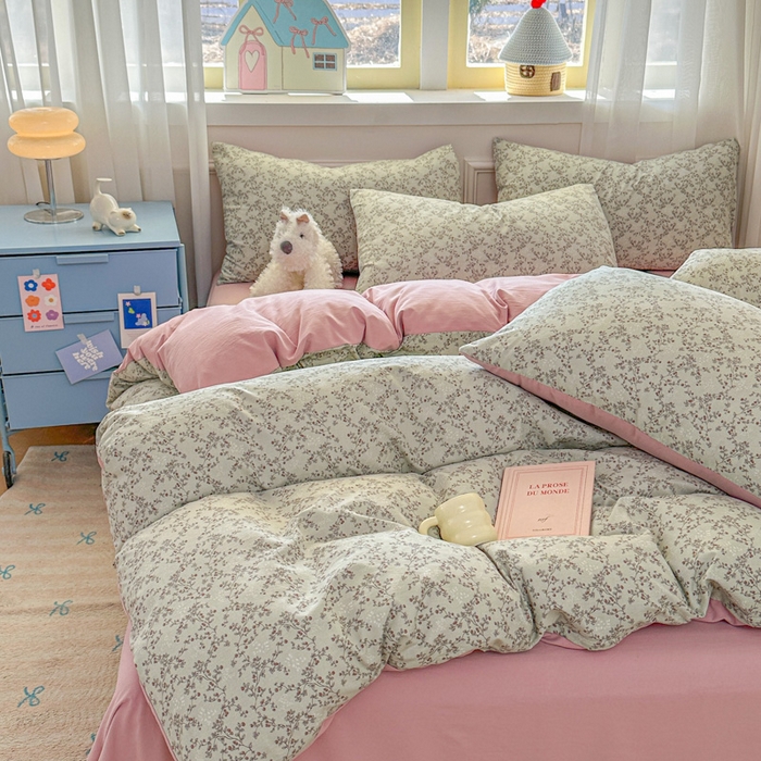 91家纺网 家纺一手货源 找家纺 麦乐迪 2025新款棉感睡眠水洗云感棉四件套 绿粉花簇