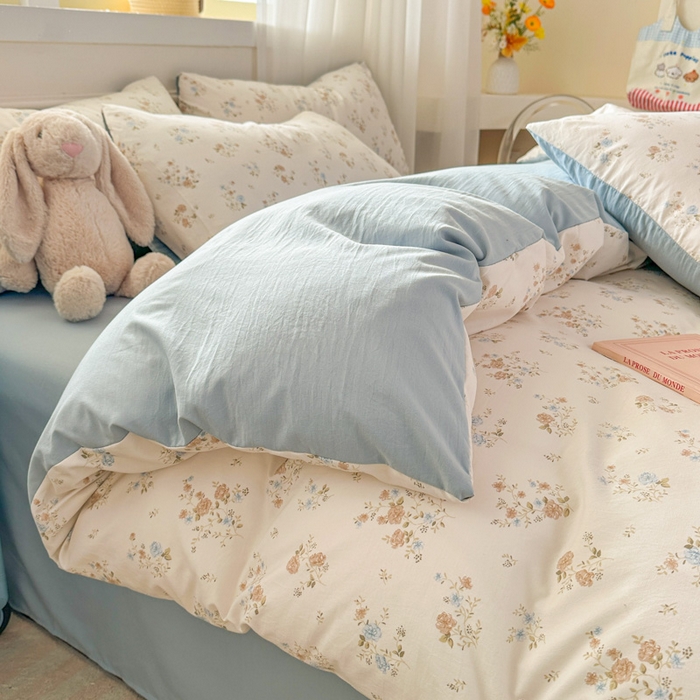 91家纺网 家纺一手货源 找家纺 麦乐迪 2025新款棉感睡眠水洗云感棉四件套 蓝白碎花