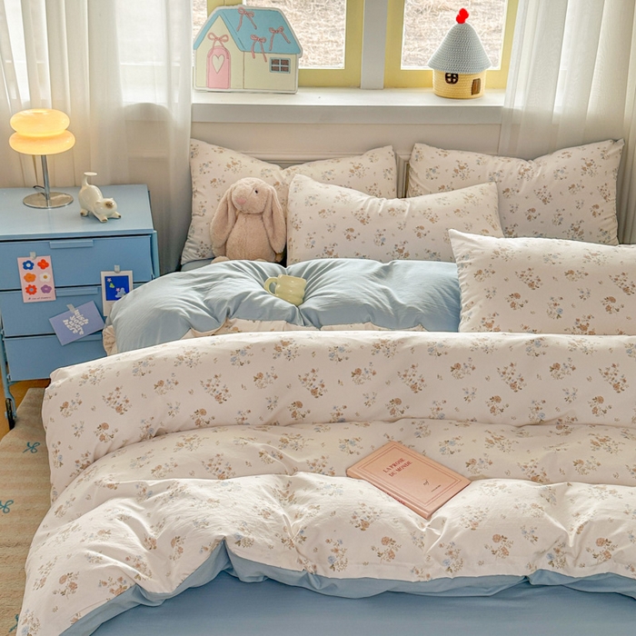 91家纺网 家纺一手货源 找家纺 麦乐迪 2025新款棉感睡眠水洗云感棉四件套 蓝白碎花