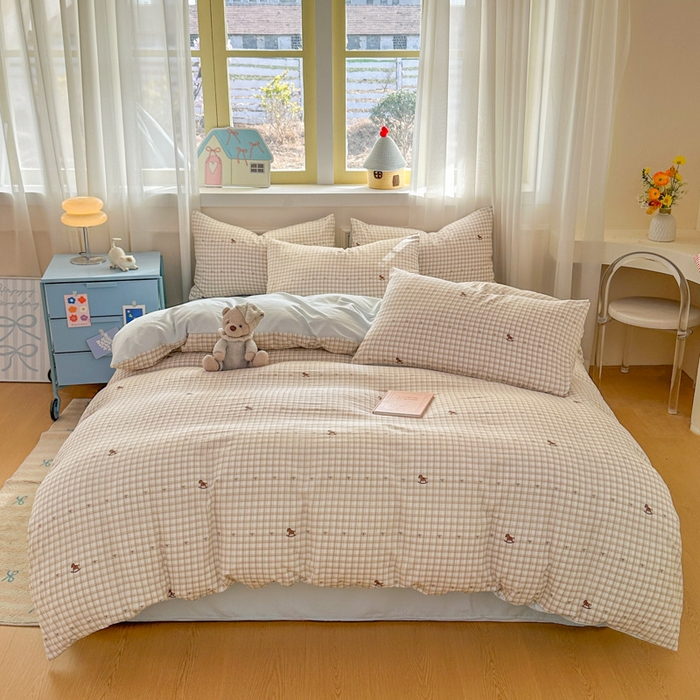 91家纺网 家纺一手货源 找家纺 麦乐迪 2025新款棉感睡眠水洗云感棉四件套 格纹木马