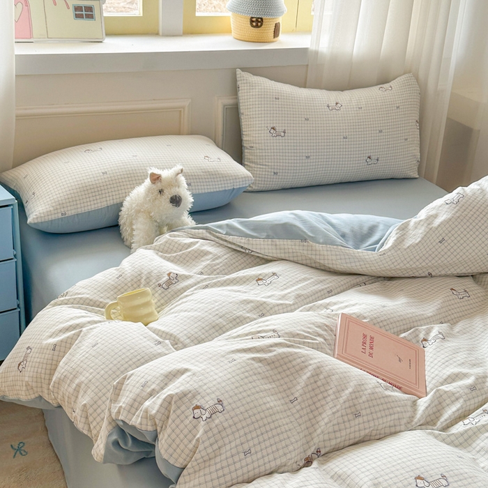 91家纺网 家纺一手货源 找家纺 麦乐迪 2025新款棉感睡眠水洗云感棉四件套 格间小狗