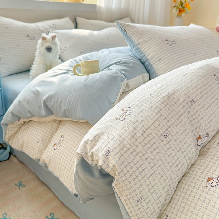 91家纺网 家纺一手货源 找家纺 麦乐迪 2025新款棉感睡眠水洗云感棉四件套 格间小狗