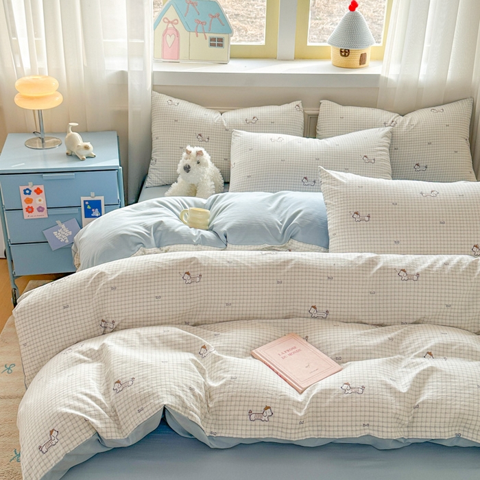 91家纺网 家纺一手货源 找家纺 麦乐迪 2025新款棉感睡眠水洗云感棉四件套 格间小狗