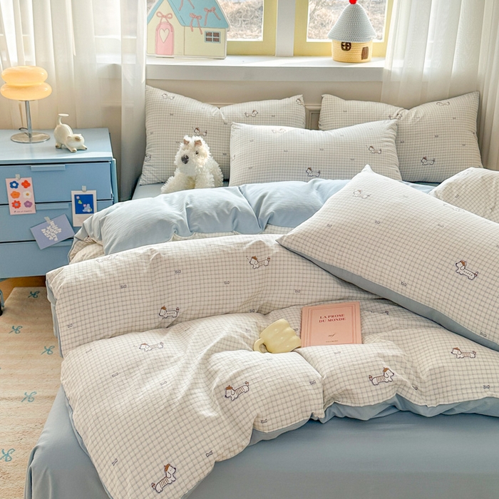 91家纺网 家纺一手货源 找家纺 麦乐迪 2025新款棉感睡眠水洗云感棉四件套 格间小狗