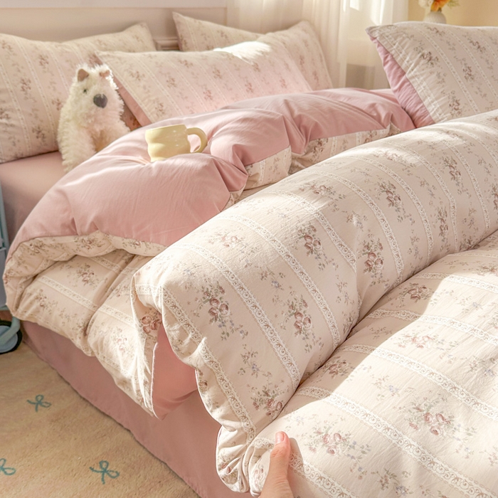 麦乐迪 2025新款棉感睡眠水洗云感棉四件套 粉纹花束