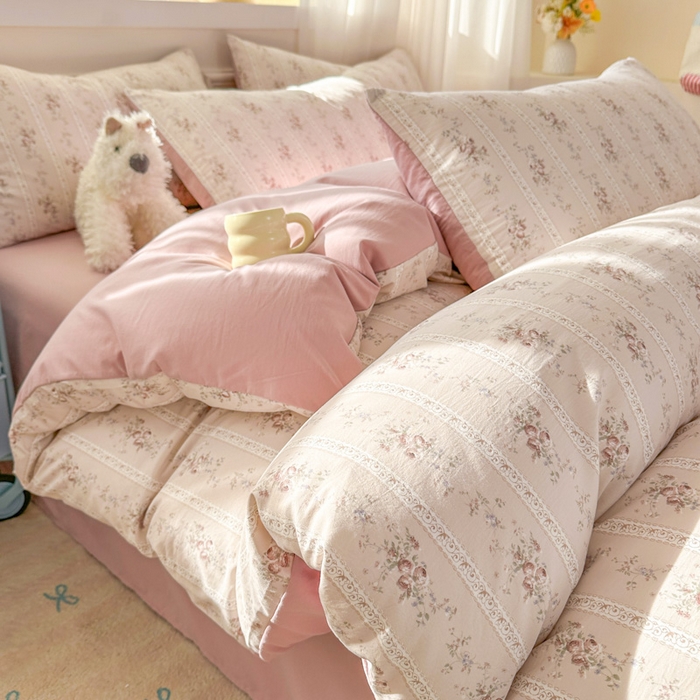 91家纺网 家纺一手货源 找家纺 麦乐迪 2025新款棉感睡眠水洗云感棉四件套 粉纹花束