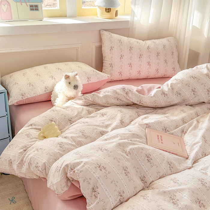 91家纺网 家纺一手货源 找家纺 麦乐迪 2025新款棉感睡眠水洗云感棉四件套 粉纹花束