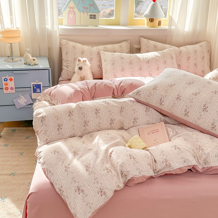 91家纺网 家纺一手货源 找家纺 麦乐迪 2025新款棉感睡眠水洗云感棉四件套 粉纹花束