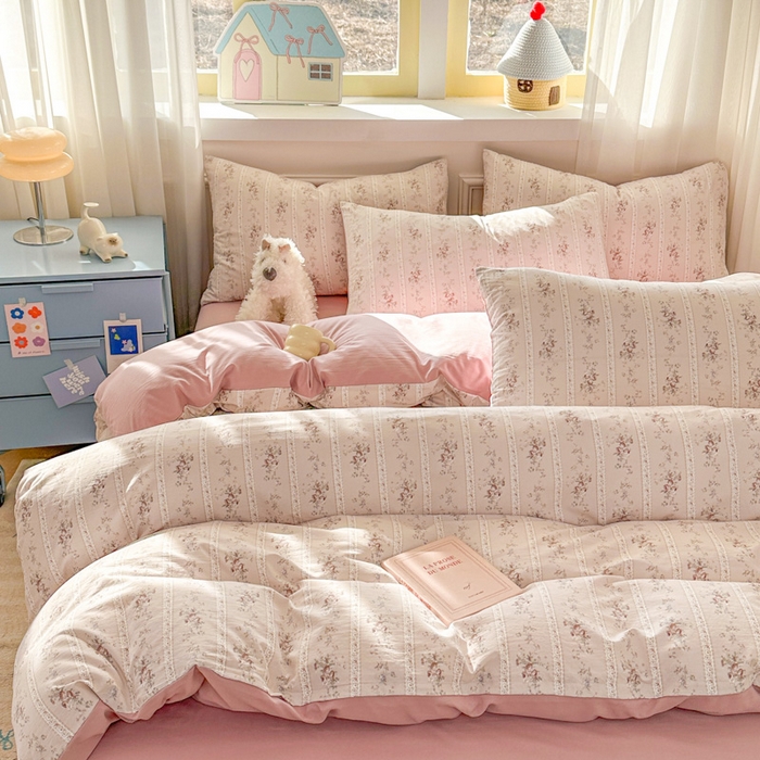 91家纺网 家纺一手货源 找家纺 麦乐迪 2025新款棉感睡眠水洗云感棉四件套 粉纹花束