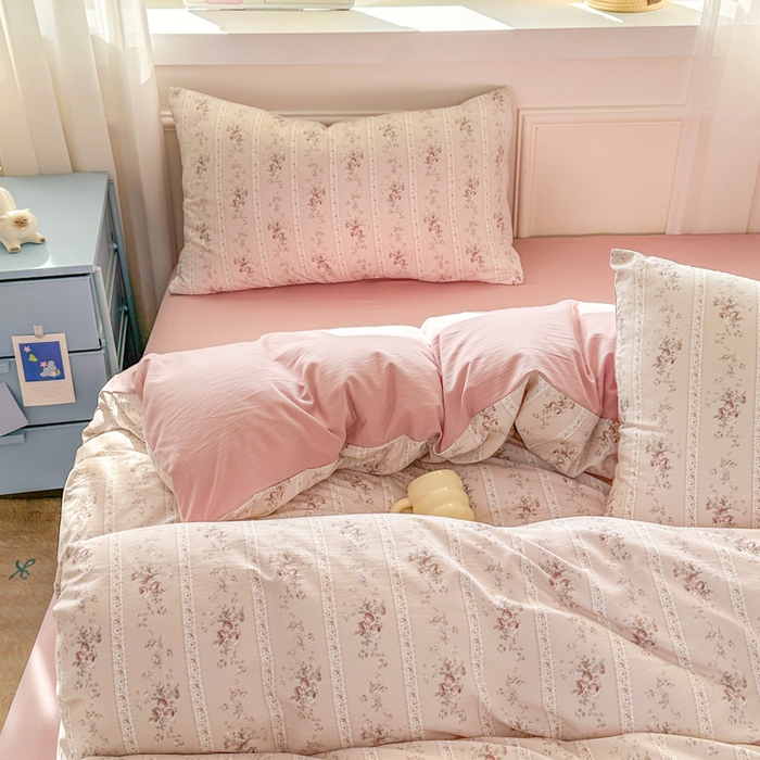 91家纺网 家纺一手货源 找家纺 麦乐迪 2025新款棉感睡眠水洗云感棉四件套 粉纹花束