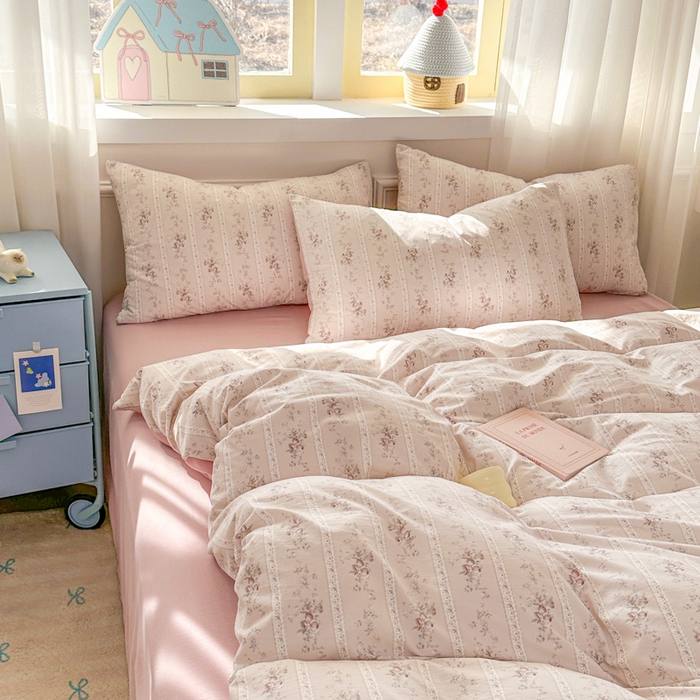 91家纺网 家纺一手货源 找家纺 麦乐迪 2025新款棉感睡眠水洗云感棉四件套 粉纹花束