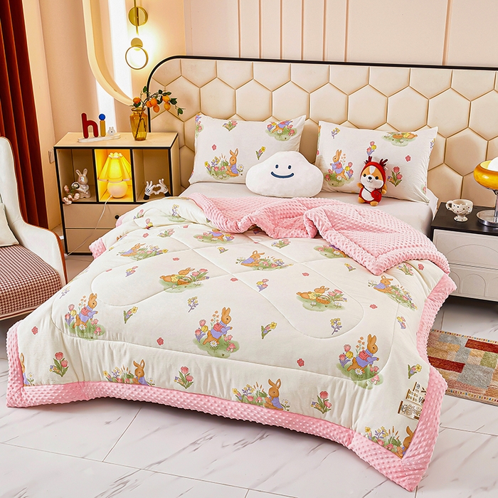 91家纺网 家纺一手货源 找家纺 蔻之羽 （全年现货）2026年新款豆豆被春秋被夏被加厚冬被空调被四季绒被子 欢乐兔-粉