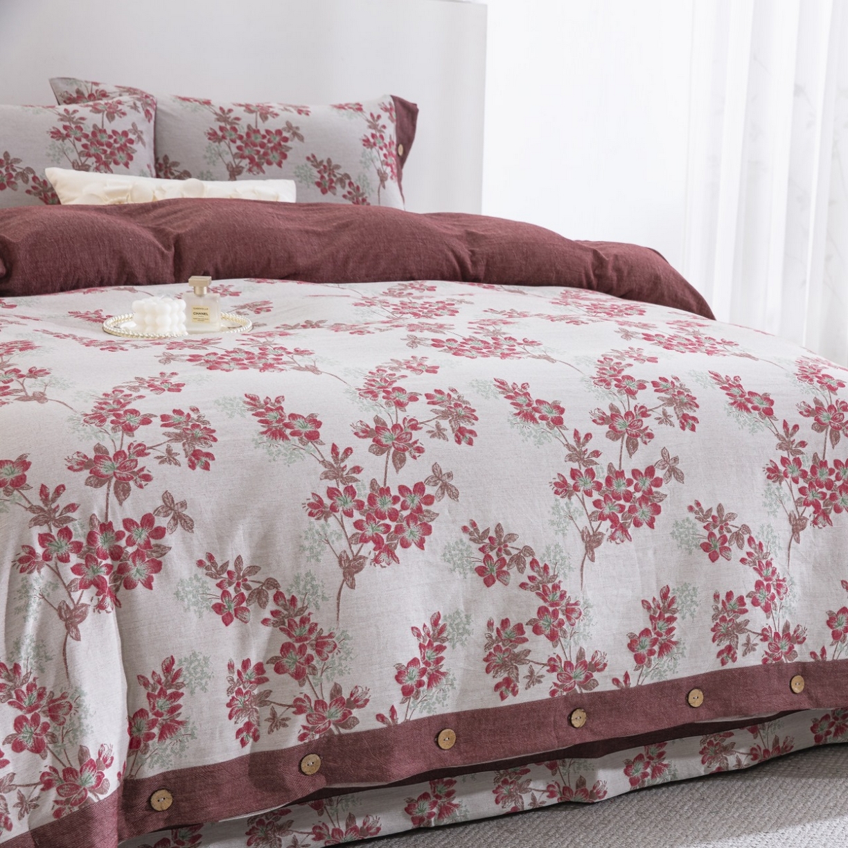 91家纺网 家纺一手货源 找家纺 （总）仰望棉麻双层纱供应链 2025新款墨染朱华AA版拉链款全棉色织提花双层纱四件套