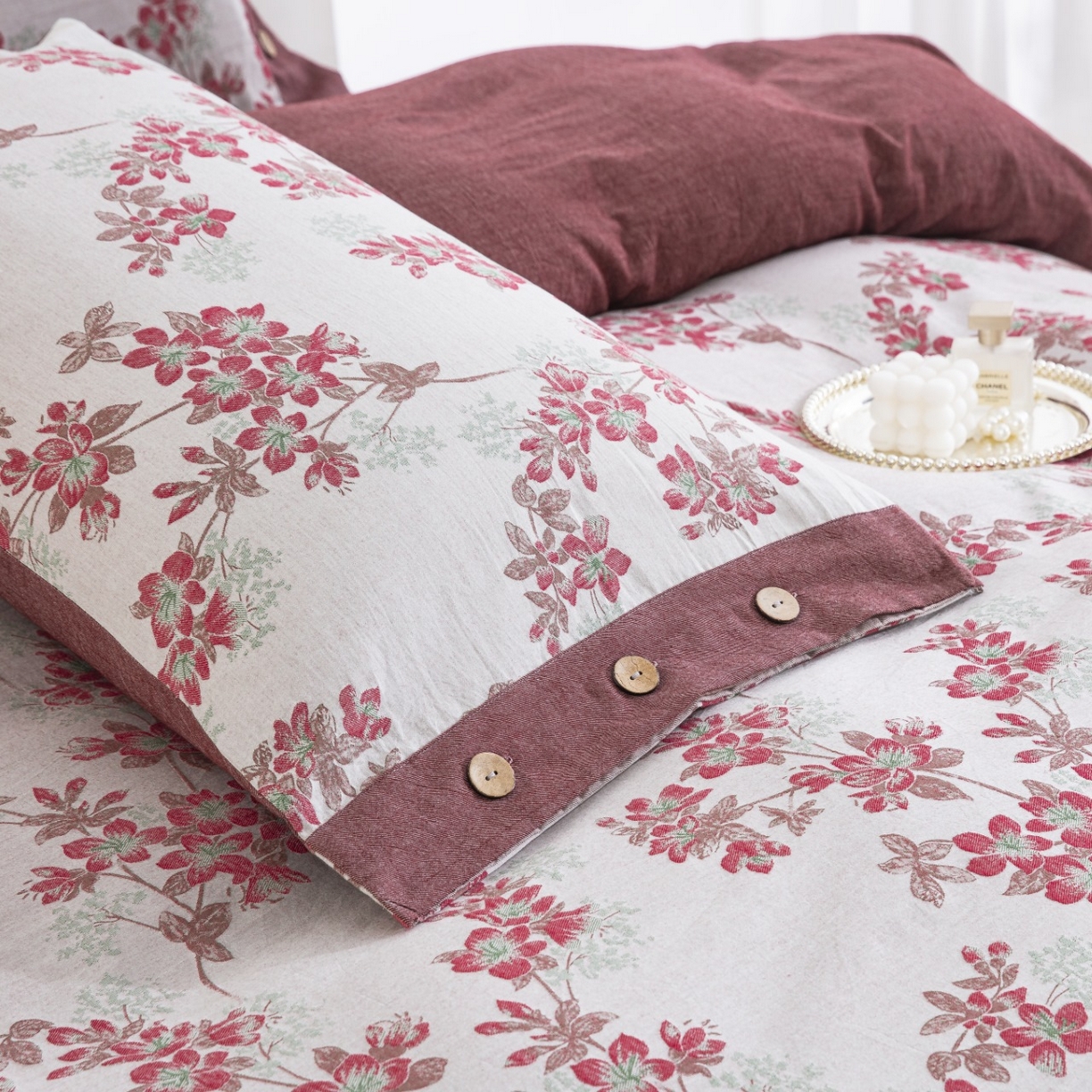 91家纺网 家纺一手货源 找家纺 仰望棉麻双层纱供应链 2025新款临江仙-粉全棉纯棉色织提花纽扣款四件套 临江仙-粉